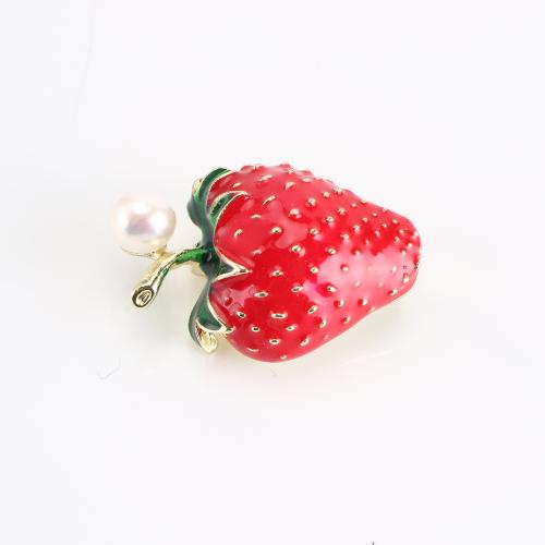 Tibetan Style Brooch, with Freshwater Pearl, Strawberry, gold color plated, for woman & enamel, 36x24x14mm, Sold By PC