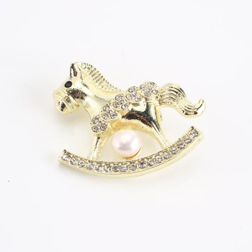 Tibetan Style Brooch, with Freshwater Pearl, rocking horse, gold color plated, for woman & with rhinestone, 32x38x10mm, Sold By PC