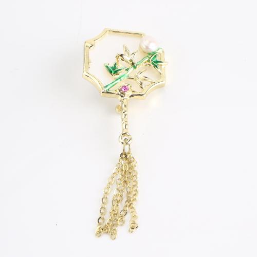 aleación de zinc broche, con Perlas cultivadas de agua dulce, chapado en color dorado, para mujer & esmalte & con diamantes de imitación, 77x27x8mm, Vendido por UD