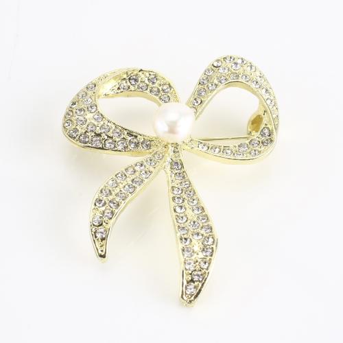 Tibetan Style Brooch, with Freshwater Pearl, Bowknot, gold color plated, for woman & with rhinestone, 49x38x13mm, Sold By PC