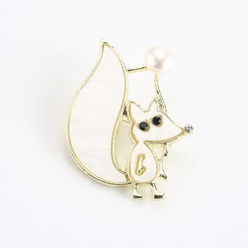 Tibetan Style Brooch, with Freshwater Pearl, Cartoon, gold color plated, for woman & enamel & with rhinestone, 40x30x10mm, Sold By PC
