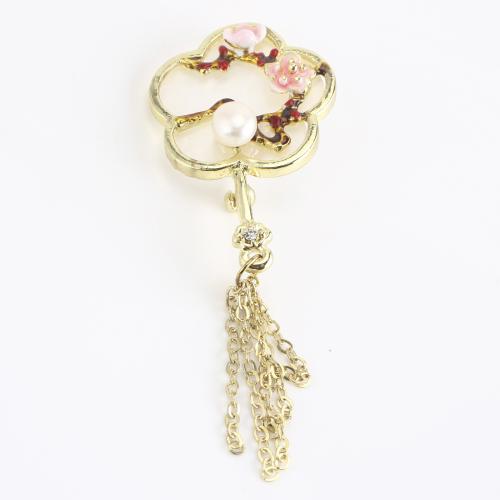 Tibetan Style Brooch, with Freshwater Pearl, gold color plated, for woman & enamel & with rhinestone, 77x27x15mm, Sold By PC