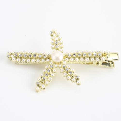 Tibetan Style Alligator Hair Clip, with Freshwater Pearl, Starfish, gold color plated, for woman & with rhinestone, 65x41x12mm, Sold By PC
