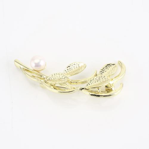 Tibetan Style Brooch, with Freshwater Pearl, Leaf, gold color plated, fashion jewelry & for woman, 22x51x13mm, Sold By PC
