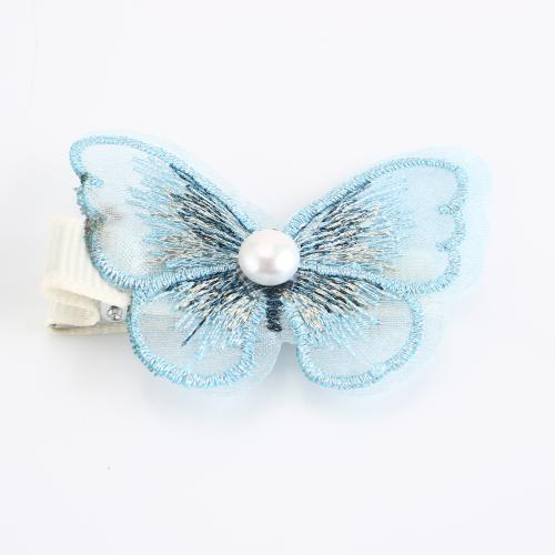 Tibetan Style Alligator Hair Clip, with Cloth & Freshwater Pearl, Butterfly, plated, fashion jewelry & embroidered & for woman, 49x38x12mm, Sold By PC