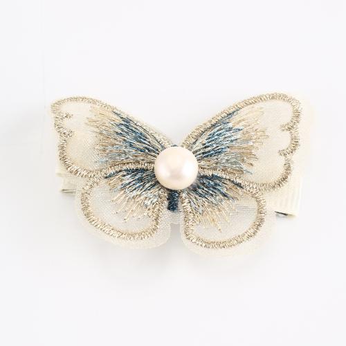 Tibetan Style Alligator Hair Clip, with Cloth & Freshwater Pearl, Butterfly, plated, fashion jewelry & embroidered & for woman, 49x38x12mm, Sold By PC