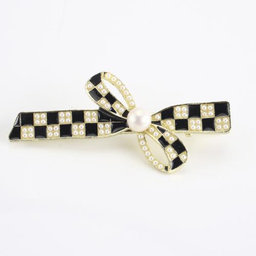 Tibetan Style Alligator Hair Clip, with Freshwater Pearl, Bowknot, gold color plated, for woman & enamel, 64x31x15mm, Sold By PC
