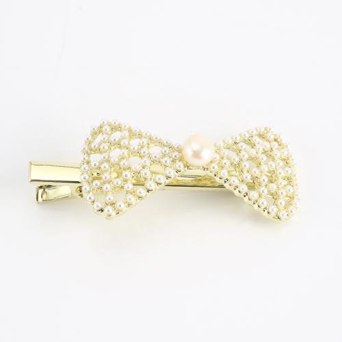 Tibetan Style Alligator Hair Clip, with Freshwater Pearl, Bowknot, gold color plated, fashion jewelry & for woman, 63x27x12mm, Sold By PC