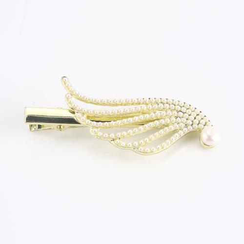 Tibetan Style Alligator Hair Clip, with Freshwater Pearl, Wing Shape, gold color plated, fashion jewelry & for woman & hollow, 62x28x12mm, Sold By PC