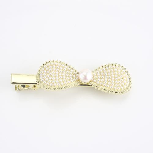 Tibetan Style Alligator Hair Clip, with Freshwater Pearl, Bowknot, gold color plated, fashion jewelry & for woman, 62x18x12mm, Sold By PC