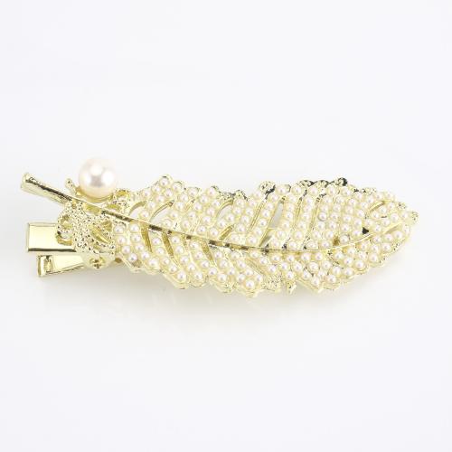 Tibetan Style Alligator Hair Clip, with Freshwater Pearl, Leaf, gold color plated, fashion jewelry & for woman, 70x22x15mm, Sold By PC