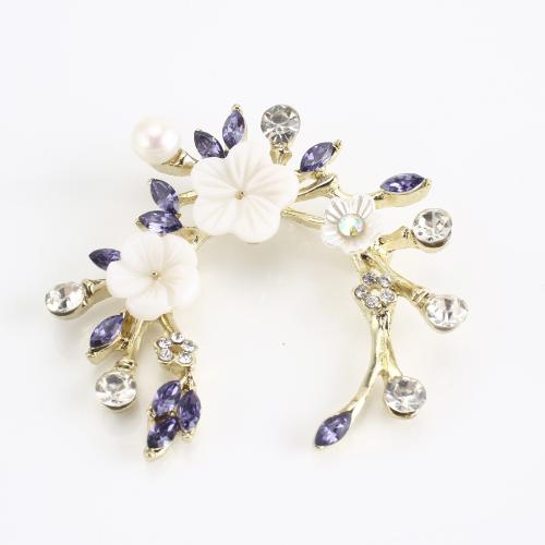 Tibetan Style Brooch, with White Shell & Freshwater Pearl, Flower, gold color plated, fashion jewelry & for woman & with rhinestone, 48x51x15mm, Sold By PC
