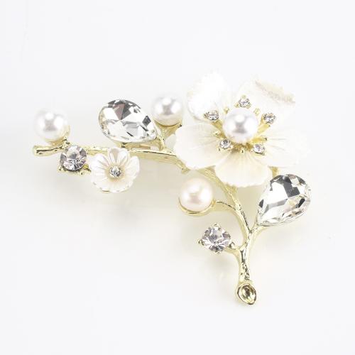 Tibetan Style Brooch, with White Shell & Freshwater Pearl, Flower, gold color plated, fashion jewelry & for woman & with rhinestone, 54x63x21mm, Sold By PC