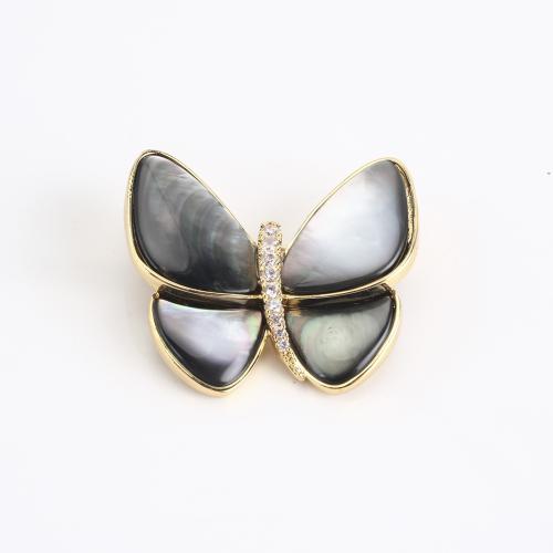 Tibetan Style Brooch, with Shell, Butterfly, gold color plated, for woman & with rhinestone, 31x36x10mm, Sold By PC