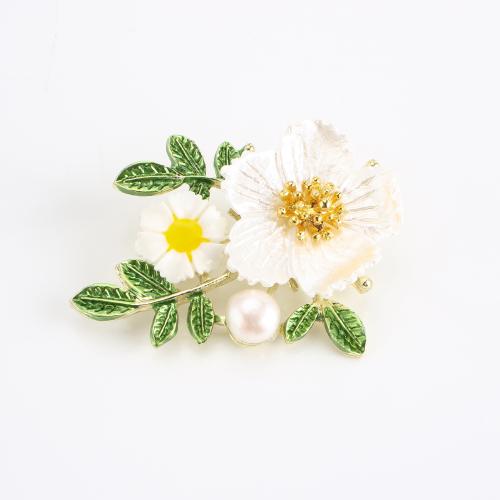 Tibetan Style Brooch, with Freshwater Pearl, Flower, gold color plated, for woman & enamel, 44x38x12mm, Sold By PC