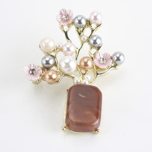 Tibetan Style Brooch, with Shell & Freshwater Pearl, Flower, gold color plated, for woman & with rhinestone, 57x43x14mm, Sold By PC