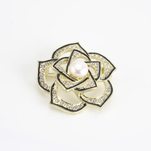 Tibetan Style Brooch, with Freshwater Pearl, Flower, gold color plated, for woman & enamel & with rhinestone & hollow, 35x35x15mm, Sold By PC