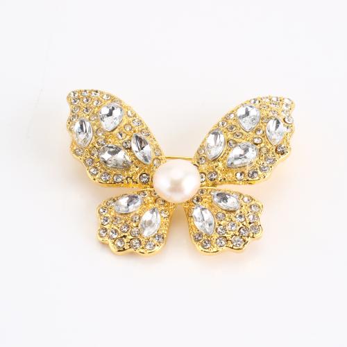 Tibetan Style Brooch, with Freshwater Pearl, Butterfly, gold color plated, for woman & with rhinestone, 34x40x10mm, Sold By PC