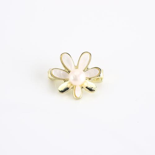 Zinklegierung Brosche, mit Natürliche kultivierte Süßwasserperlen, Blume, goldfarben plattiert, für Frau & Emaille, 23x20x12mm, verkauft von PC