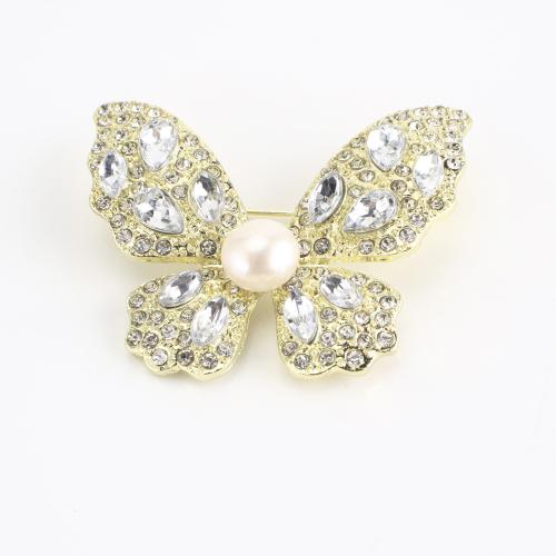 Tibetan Style Brooch, with Freshwater Pearl, Butterfly, gold color plated, for woman & with rhinestone, 32x40x9mm, Sold By PC