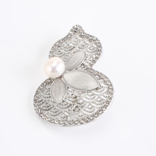 Tibetan Style Brooch, with Freshwater Pearl, plated, for woman & with rhinestone, 45x30x8mm, Sold By PC