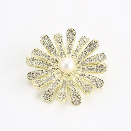 Tibetan Style Brooch, with Freshwater Pearl, Flower, gold color plated, for woman & with rhinestone, 36x36x17mm, Sold By PC