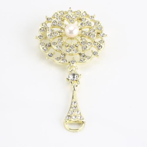 Tibetan Style Brooch, with Freshwater Pearl, gold color plated, for woman & with rhinestone, 69x34x14mm, Sold By PC