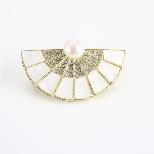 Tibetan Style Brooch, with Freshwater Pearl, Fan, gold color plated, for woman & with rhinestone, 40x22x13mm, Sold By PC