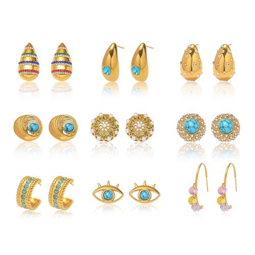 304 Stainless Steel Stud Earring, with turquoise & Plastic Pearl, plated, different styles for choice & for woman & with rhinestone, Sold By Pair