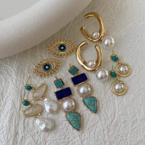 Tibetan Style Drop Earring, with turquoise & Plastic Pearl, gold color plated, different styles for choice & for woman & with rhinestone, Sold By Pair