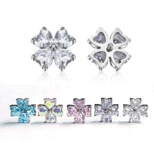 Titanium Alloy Piercing Earring Findings, Four Leaf Clover, DIY & micro pave cubic zirconia, more colors for choice, 7x7mm, Sold By PC
