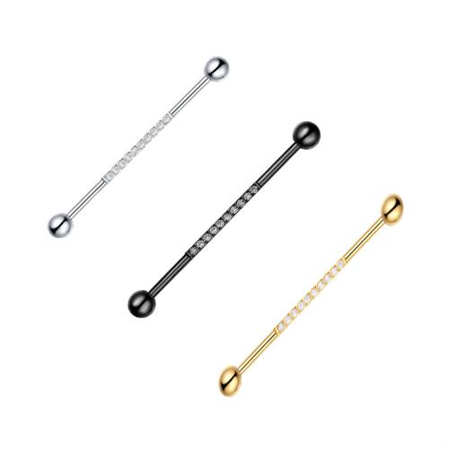 304 Stainless Steel straight barbell, plated, Unisex & micro pave cubic zirconia, more colors for choice, 1.60x38x5mm, Sold By PC