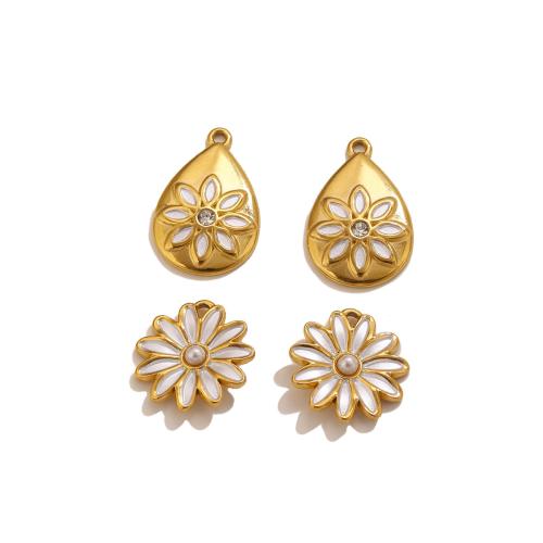 Edelstahl Schmuck Anhänger, 304 Edelstahl, mit Kunststoff Perlen, Blume, goldfarben plattiert, DIY & verschiedene Stile für Wahl & Emaille & mit Strass, verkauft von PC