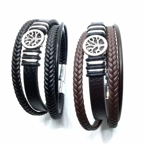 PU Leather Bracelet, with Tibetan Style, Tree, plated, vintage & multilayer & for man, more colors for choice, Length:Approx 21 cm, Sold By PC