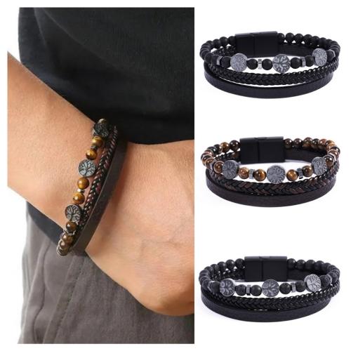 PU Leather Bracelet, with Gemstone & Tibetan Style, vintage & multilayer & for man, more colors for choice, Length:Approx 21 cm, Sold By PC
