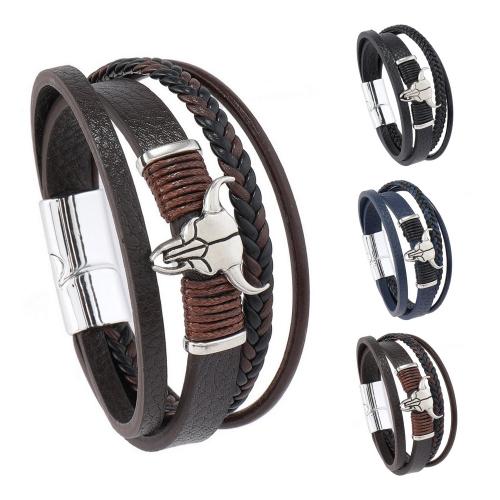 PU Leather Bracelet, with Tibetan Style, Bull, vintage & multilayer & for man, more colors for choice, Length:Approx 21 cm, Sold By PC