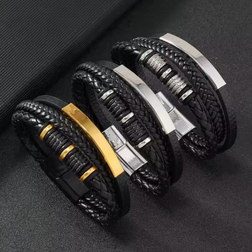 cuir PU bracelet, avec alliage de zinc, trois couches & Vintage & pour homme, plus de couleurs à choisir, Longueur:Environ 21 cm, Vendu par PC