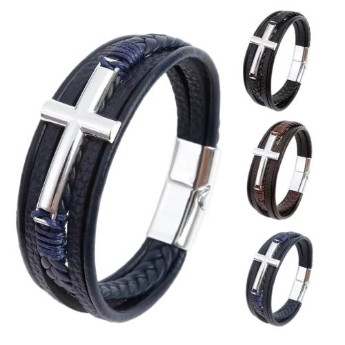 cuir PU bracelet, avec alliage de zinc, croix, Placage, Vintage & multicouche & pour homme, plus de couleurs à choisir, Longueur:Environ 21.5 cm, Vendu par PC
