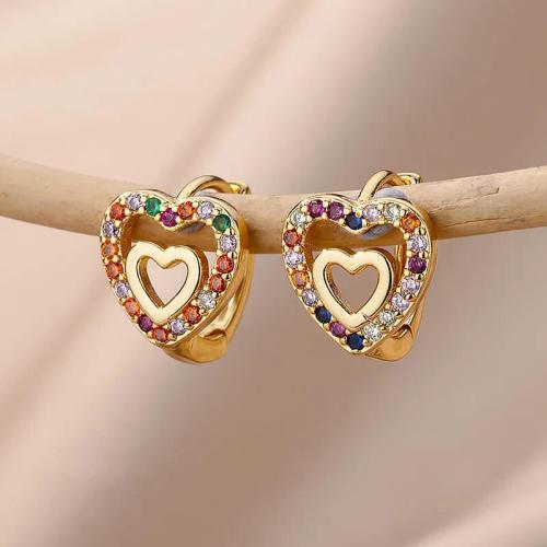 Brass Huggie Hoop Earring, Heart, plated, micro pave cubic zirconia & for woman & hollow, more colors for choice, Sold By Pair