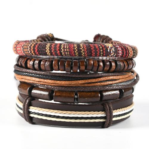 Cowhide Bracelet Set, with PU Leather & Wood & Tibetan Style, multilayer & Unisex, Length:Approx 17-18 cm, Sold By Set