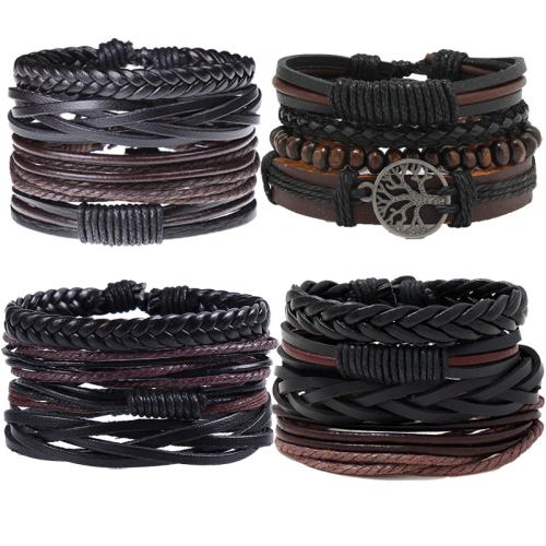 Cowhide Bracelet Set, with Linen & PU Leather & Wax Cord & Tibetan Style, handmade, multilayer & Unisex, more colors for choice, Length:Approx 17-18 cm, Sold By Set