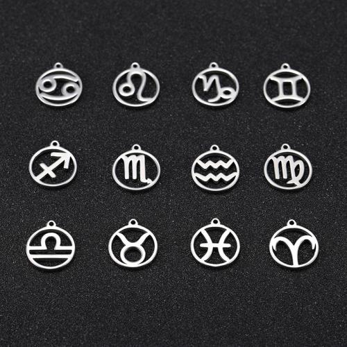Acero inoxidable Constelación Colgante, acero inoxidable 304, 12 Signos del Zodíaco, Bricolaje & diferentes estilos para la opción & hueco, color original, 10.80x13.50mm, 10PCs/Bolsa, Vendido por Bolsa