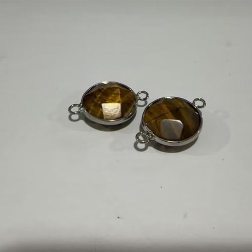 Gemstone Connector, Tiger Eye, Flat Round, plated, DIY, 26.50x18x7mm, Hole:Approx 2mm, Sold By PC