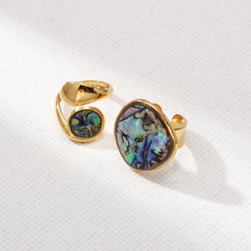 304 Stainless Steel Cuff Finger Ring, with Shell, gold color plated, Unisex & different styles for choice & enamel, Hole:Approx 1mm, Sold By PC