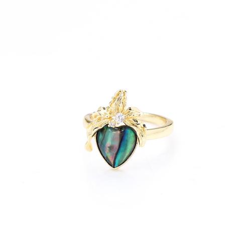 Brass Cuff Finger Ring, with Abalone Shell, Heart, gold color plated, fashion jewelry & micro pave cubic zirconia & for woman, Hole:Approx 1mm, Sold By PC