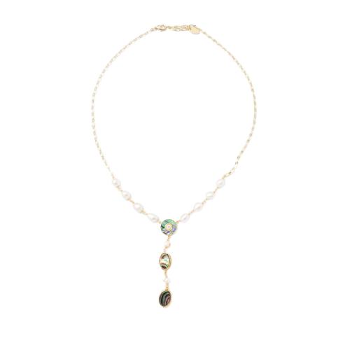 Brass Necklace, with Abalone Shell & Freshwater Pearl, with 7.26cm extender chain, gold color plated, fashion jewelry & for woman, Hole:Approx 1mm, Length:Approx 44 cm, Sold By PC