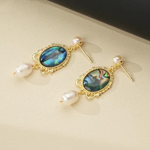 Brass Drop Earring, with Abalone Shell & Freshwater Pearl, gold color plated, fashion jewelry & for woman, 40mm, Sold By Pair