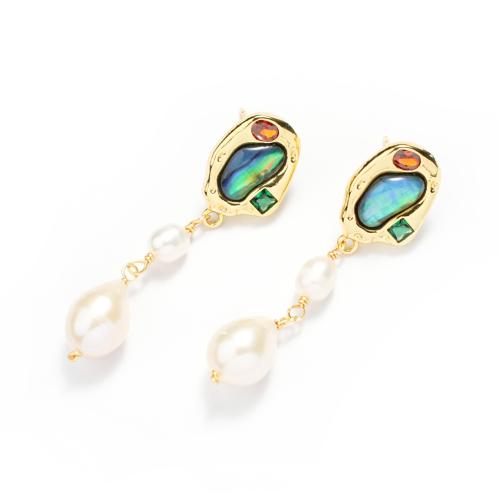 Brass Drop Earring, with Abalone Shell & Freshwater Pearl, gold color plated, fashion jewelry & for woman, 48.10mm, Sold By Pair