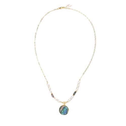 Brass Necklace, with Abalone Shell & Freshwater Pearl, gold color plated, fashion jewelry & for woman, Length:Approx 56 cm, Sold By Pair