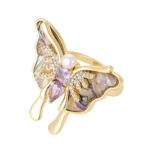 Brass Cuff Finger Ring, with Abalone Shell & Plastic Pearl, Butterfly, plated, fashion jewelry & for woman & with rhinestone, more colors for choice, Sold By PC
